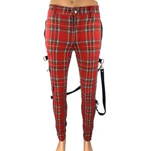 Tripp NYC Chaos Bondage Red Plaid Zipper Straps Skinny Trousers Pants Size 26